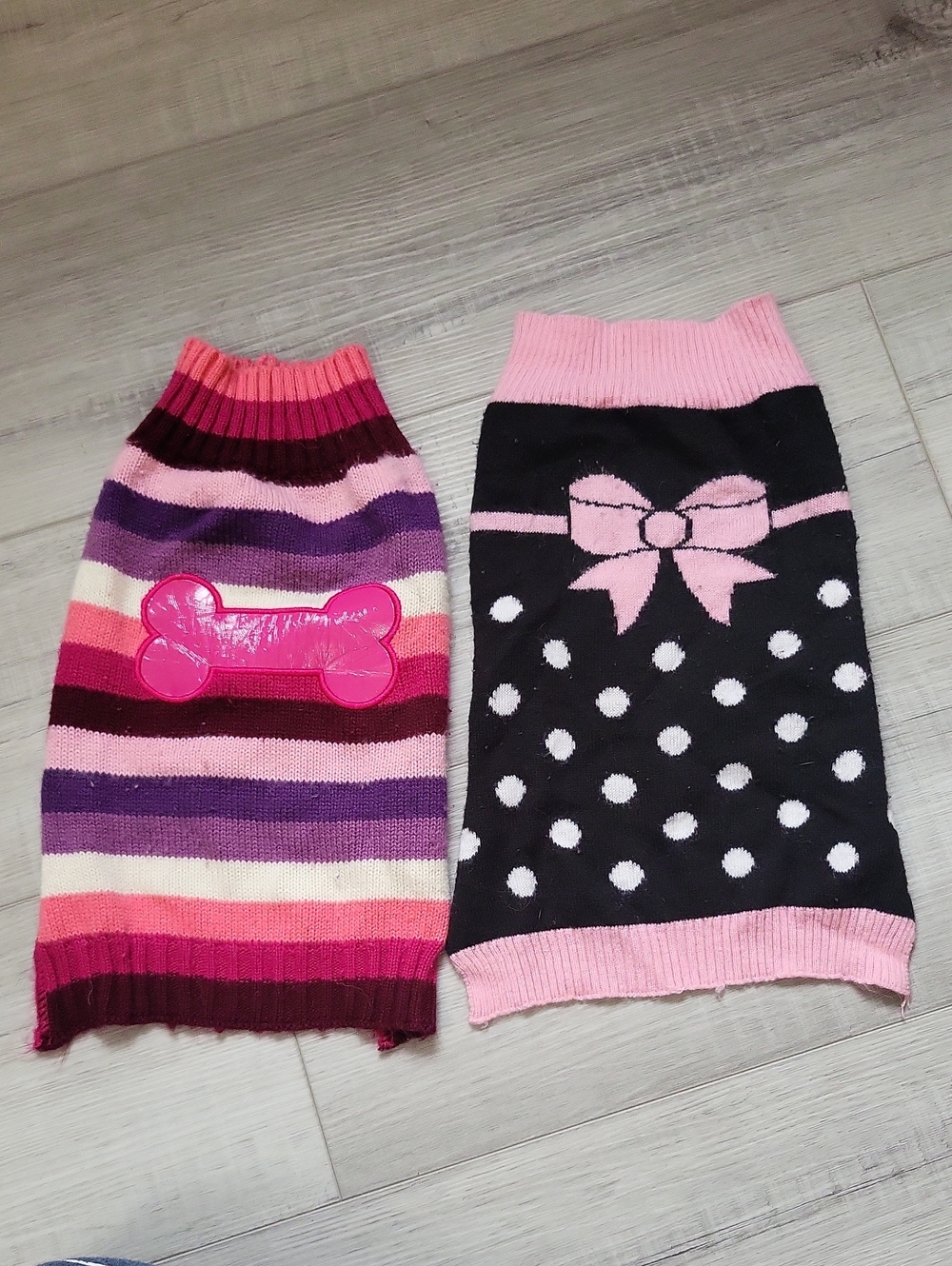 Pink & Black Polka Dot Bow Dog Sweater & Striped Dog Bone Sweater Bundle